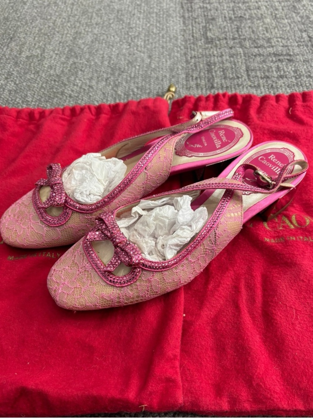 🚩steal Rene  Caovilla Pink Slingback Embellished Lace Pumps